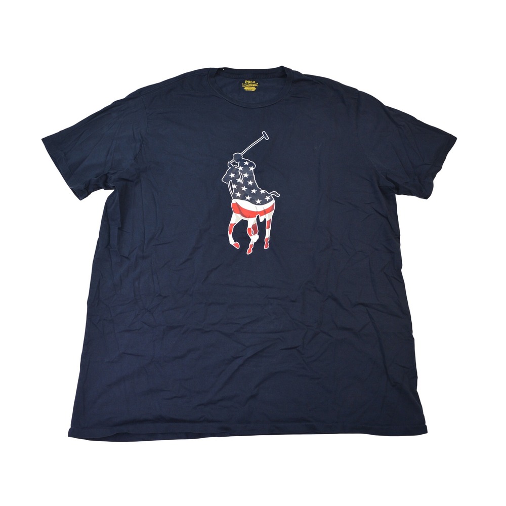 Polo Ralph Lauren Mens 3XLT Navy Blue Big Pony American Flag T-Shirt Cotton
